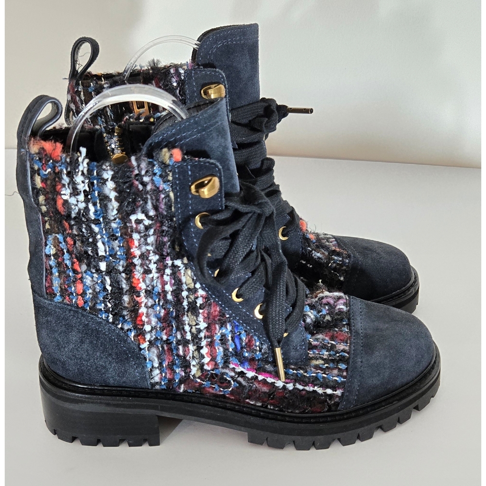 Kurt Geiger Navy and Multicolor Tweed Combat Boots
